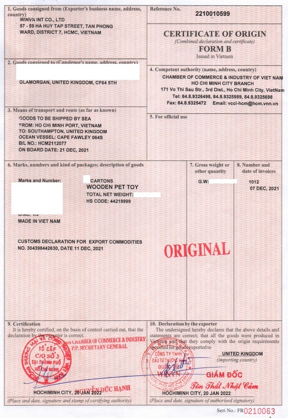 Certificate of Origin — Vietnam to UK